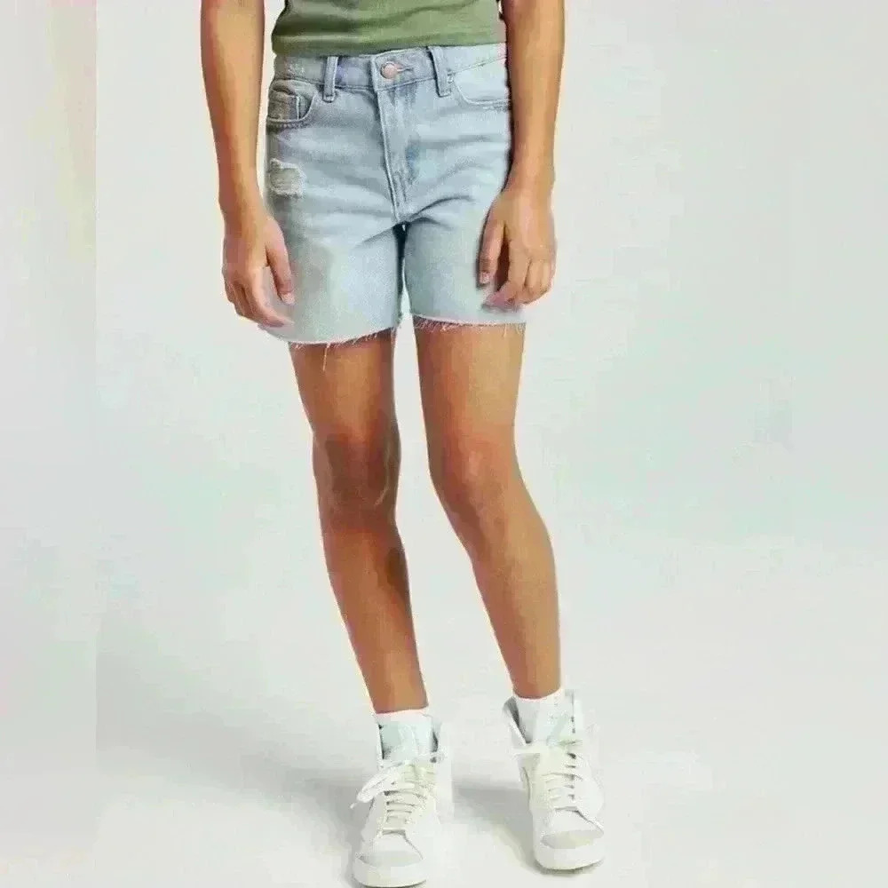 RSQ Girls Mid Length Medium Wash Distressed Denim Shorts Size 10